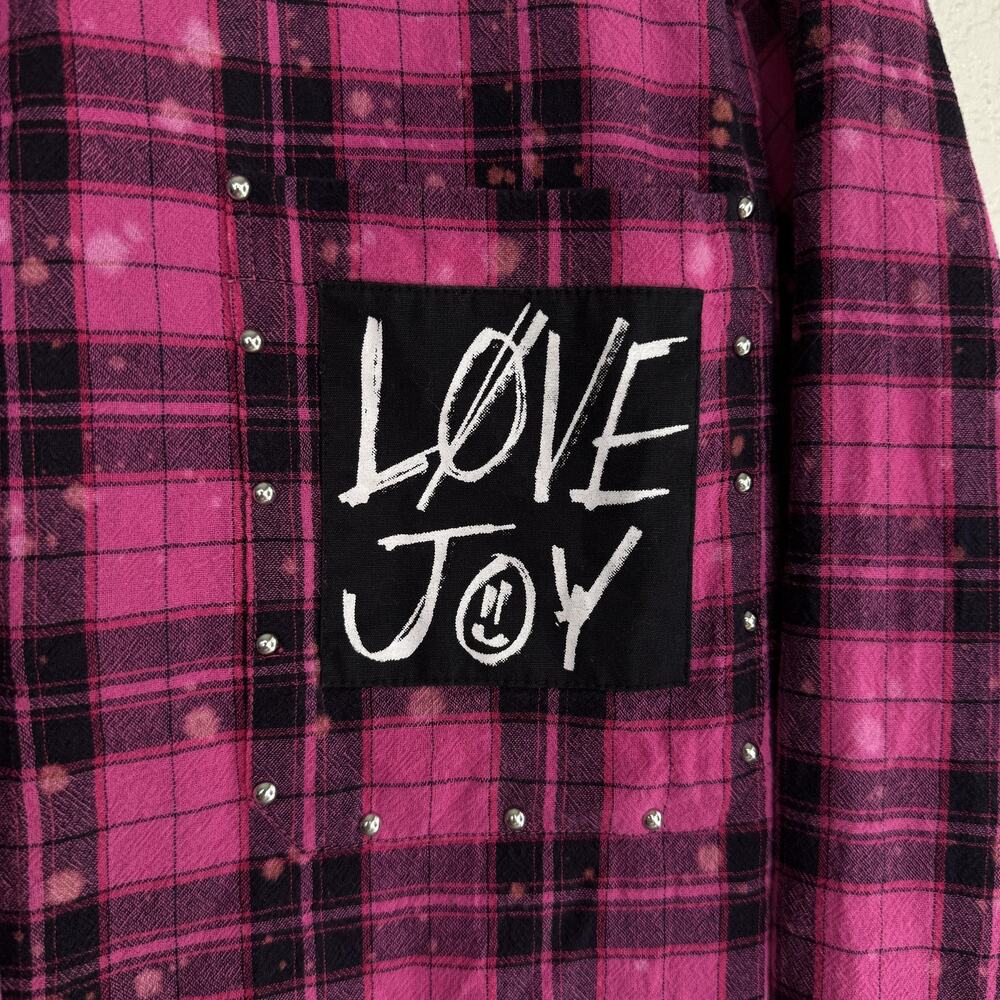 Desigual Shirt Womens Small Plaid Studded Flannel Graphic Patch Grunge Pink - Picture 9 of 14